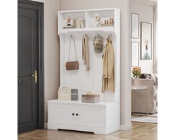 Witte entreekast met 4 haken en 2 open vakken, kapstok-schoenenbank met opbergruimte onder de zitting