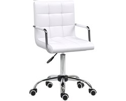 Witte Ergonomische Bureaustoel 52,5 x 54 x 84-99 cm, Hoogteverstelbare Draaistoel met Armleuningen, Gewatteerde Zitting, Soepele Wielen en Comfortabele Rugleuning, Moderne Kantoorstoel voor Thuiswerk en Werkruimte