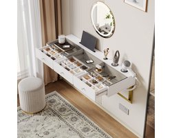 Witte hangende make-up tafel - Met 3 laden - Glazen blad - Tablet- en bekerhouder - Afmetingen 120x40x45 cm - Zonder LED-spiegel