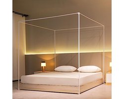 Witte Hemelbed Frame 200 x 200 cm met 4 Posters en Klamboe – Romantisch en Stijlvol Voor Elke Slaapkamer