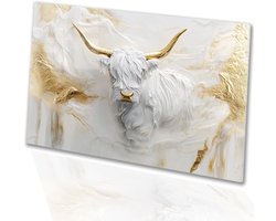 Witte hooglander met gouden hoorns - Hoogland koe glazen schilderij - Kunst koe - Hyperrealisme - Schilderijen op acrylaat - Schilderij in glas look - acrylglas 120x80 cm