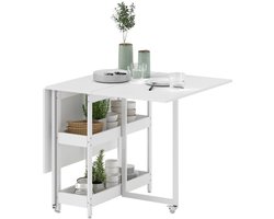 Witte Inklapbare Eettafel 133,4 x 80 x 75 cm, Uitklapbare Eettafel voor 2-4 Personen met 2 Open Opbergvakken, Verrijdbare Basis met Remwielen, Compact Design voor Kleine Ruimtes, Keuken en Eetkamer, Max. 50 kg