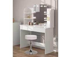 Witte Kaptafel met Kruk - Make-up Vanity - Schoonheidsbureau - Verstelbare LED-verlichting - Voldoende opbergruimte - Duurzame constructie - 108 cm x 142 cm x 40 cm