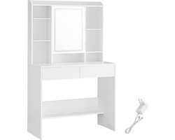 Witte Kaptafel met LED Spiegel – Moderne Make-up Tafel met 2 Laden en Opbergplanken