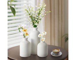 Witte keramische vazen - set van 3 vazen - beige - voor decoratie - verse bloemen - pampasgras - gedroogde bloemen - thuis - woonkamer - slaapkamer - kantoor - idee - plank - boekenkast - tafel - mantel