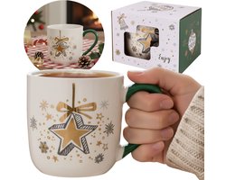 Witte, KERSTMOK van porselein met oor en sterrenmotief – VERPAKT IN EEN CADEAUVERPAKKING 320 ml