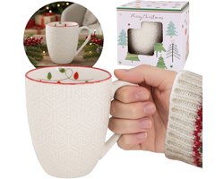 Witte, KERSTMOK van porselein met reliëfpatroon, kerstmotief - lampjes - VERPAKT IN EEN CADEAUVERPAKKING 400 ml