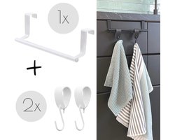 Witte keuken handdoekstang VALI 23cm + 2x Witte leren S-haak hangers - Voor 2 handdoekjes (handdoekrek keukenkast - deurhaken - handdoekhouder - handdoekstang - deurhaak keuken)