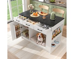 Witte keukeneiland – 120×60×90 cm, 3 laden, kruidenrek, uitschuifbaar blad, huisdierzone