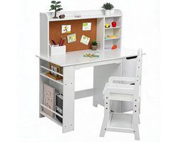 Witte Kinderbureau met Stoel - Met Boekenkast, Kurk Bord & Opbergkasten - Kinder Schrijftafel Set voor Jongens & Meisjes (3-8 Jaar) - Inclusief Penholders - Wit