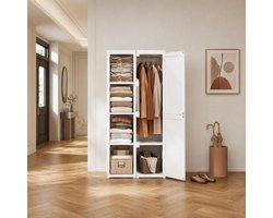 Witte Kledingkast 136 × 69 × 50 cm - Kunststof Garderobekast 470 L met 6 Deuren, Hangstang en Legplanken, Ruime Opbergkast voor Slaapkamer, Hal en Kleding