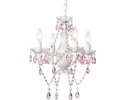 Witte Kroonluchter met Roze Accent en Kristallen - Mini Hanglamp voor Meisjeskamer