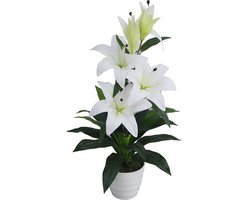 Witte Kunst Lelie Plant | 75cm - Zijde Lelieplant - Kunstbloemplant voor binnen - Wit