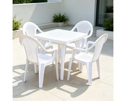witte kunststof tuinset vierkante tafel 80cm + 4 tuinstoelen met armleuning terrasmeubels voor buiten