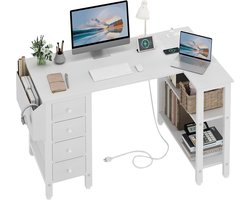 Witte L-vormige computerbureau met lades en opbergplanken, 44" hoekbureau voor thuiswerk en slaapkamer, ideaal voor tieners met stoffen tray en stopcontact