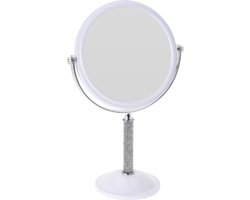 Witte make-up spiegel met strass steentjes rond dubbelzijdig 17,5 x 33 cm - Woondecoratie/accessoires - Opmaken - Make-up spiegeltjes - Cosmeticaspiegels - Vergootspiegels - Dubbelzijdige spiegels