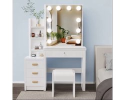 Witte Make-up tafel - Instelbare LED Verlichting - Kaptafel met Spiegel - 4 Laden - Met Kruk - Aanpasbare Planken - Stijlvolle Opslag voor Make-up