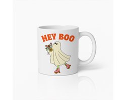 Witte Mok 330ml – “Hey Boo” Schattige Spook op Rolschaatsen Halloween Koffiebeker