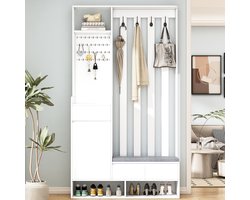 Witte Multifunctionele Hal Garderobe - All-in-One met Gatjesbord & Gepolsterde Bank - 100x35x180cm