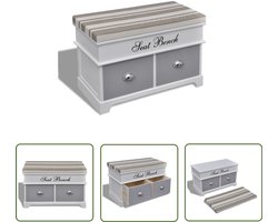 Witte Opbergbank - Paulownia Hout - Grijze Kussen - 2 Lades Opbergbank - Halbank - Bankje - Houten Bank - Witte Bank