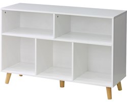 Witte Opbergkast Met Meerdere Vakken 91x29.5x61 cm MDF Met Massiefhouten Poten Boekenkast Kast Dressoir Voor Woonkamer Slaapkamer Werkkamer