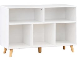Witte Opbergkast Met Meerdere Vakken MDF Met Massiefhouten Poten Boekenkast Kast Dressoir Voor Woonkamer Slaapkamer Werkkamer 91x29.5x61 cm