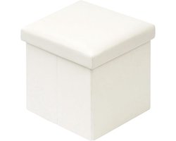 Witte Opbergpoef van Kunstleer – Zitzak met Deksel, Opvouwbare Opbergdoos en Zitbank, 150 kg Draagkracht, 30 x 30 x 30 cm