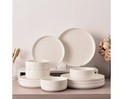 Witte Porseleinen Servies Set met 12 stuks, inclusief Borden en Kommen, Ontworpen voor Vier Personen