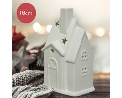 Witte porseleinen waxinelichthouder in de vorm van huisje met 2 daken - 16cm - kerstdecoratie - kerst - luxe theelichthouder - voor kaarsjes