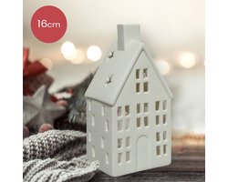 Witte porseleinen waxinelichthouder in de vorm van huisje met veel ramen - 16cm - kerstdecoratie - kerst - luxe theelichthouder - voor kaarsjes