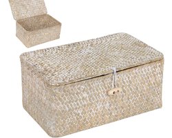 Witte Rectangulaire Opbergmand van Riet en Zeegras met Deksel voor Speelgoed en Decoratie, M formaat