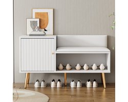 Witte schoenenbank - Schoenenbank met opbergruimte, gestoffeerde zitting en rugleuning - Metalen poten, halbank met schoenenkast, entreebank, modern design, wit