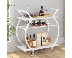 Witte Serveerwagen met Wielen – 2-Lagen Barwagen met Wijnrek, Voor Keuken, Eetkamer & Woonkamer