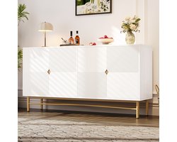 Witte Sideboard 160cm - Met Verhoogde Textuur & Gouden Grepen - Soft Close - 160x40x82cm