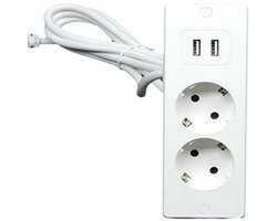 Witte stekkerdoos voor werkbanken en vergadertafels, met 2 aansluitingen en 2 USB-poorten + 2 meter verlengkabel. Plug and play.