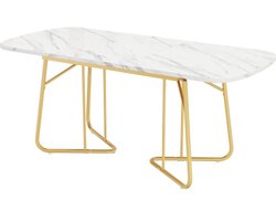 Witte uitschuifbare eettafel met marmeren structuur, vergulde metalen tafelpoten, uitschuifbare eettafel 140/180*80 cm, witte rechthoekige eettafel, geschikt voor 4-6 personen