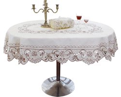 Witte Vintage Geborduurde Kant Tafelkleed Roze Grijze Bloemen Tafelkleed Luxe Uitgesneden Onderzetter Ovaal (Grijze Bloem, 130x172cm)