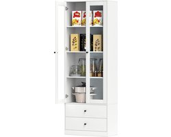 Witte vitrinekast met twee deuren - staande vitrinekast - met lades - met verstelbare legplanken - kast - glazen vitrinekast - hoge kast