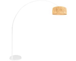 Witte vloerlamp / booglamp Sparkled Light 3785W van Steinhauer, met naturel seagrass kap, hoogte verstelbaar, uitschuifbaar tot 230 cm, trendy design voor binnen.