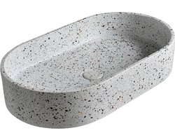 Witte waskom opbouw voor wastafel onderkast, terrazzo waskom, witte wasbak terrazzo, ovale waskom licht terrazzo, ovaal 60x35 cm TRZ-503lt