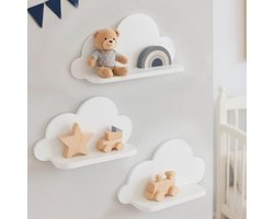 Witte Wolken Wandplanken Set - 3 Stuks - Massief Hout - Kinderkamer Decoratie