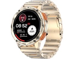 WizBay Premium Select® 1,43 inch AMOLED Saphire Screen - Bluetooth Bellen - Message - Hartslag & Slaap Monitor - Bloeddruk & O2 - 100+ Sport Modi - 300mAh - Magnetic Laden - Zink Alloy Mat Gouden Kast - RVS Mat gouden Band - Gratis TPU Oranje Band