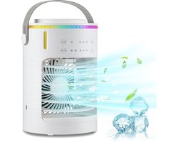 WizBay Premium Select® 3in1 Draagbare Desktop Mini Water Aircocooler - Airco - LED Licht en Display - 600 ml Watertank - Mist Luchtvochtigheid - Met draagbaar Handvat - Luchtkoeler - Slaapkamer Woonkamer Camping Vakantie - Kleur Wit