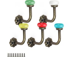 WJUAN 5-pack vintage kapstokken, 5 gekleurde decoratieve vintage kapstokken met keramische kop, vintage kapstokken van zinklegering met schroeven, geschikt voor het ophangen van kleding en hoeden