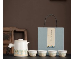 WK Draagbare Kungfu Theeset – Keramiek met Houten Handvat | 1 Theepot + 4 Theekopjes | Reisvriendelijke Theeset in Traditionele Chinese Stijl