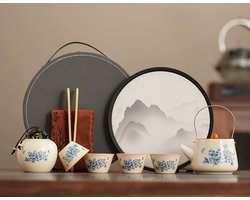 WK Ruyao Blauwe Hemel Luxe Reisteaeset – 1 Handvat Theepot + 4 Hoedvormige Theekopjes + Theeblik + Ronde Droogplateau + Theedoek & Theetang – PU Leren Draagtas – Traditionele Chinese Porselein Kunst