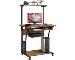 WNHB® Computertafel met Wielen en Plank - Hoekbureau met Toetsenbordlade - Compact Bureau Vintage Look