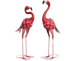 WNHB® Flamingo Tuinbeelden – Set van 2 Metalen Sculpturen – Rode Grote Flamingo Vogels – Tuindecoratie voor Gazon, Terras en Achtertuin