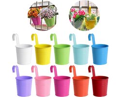 WNHB® Hangende Bloempotten Metaal - Set van 5 Vintage Plantenpotten met Afneembare Haken - Voor Balkon Tuin en Omheining - Gemengde Kleuren