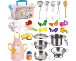 WNHB® Keukenset Kinderen - 24-delige Speelset met Houten Speelgoed en RVS Pannenset - Inclusief Schort en Koksmuts - Rollenspel Keuken
